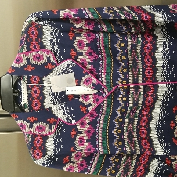 💕TRINA TURK💕 Ira 3 100% Silk Pajama Style Top ~ Fairisle Print Medium M NWT - Picture 11 of 16